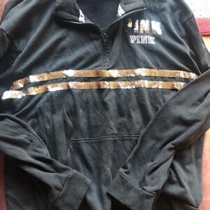 PINK Victoria's Secret Black Quarter-Zip Sweater with Gold Sequin Stripes